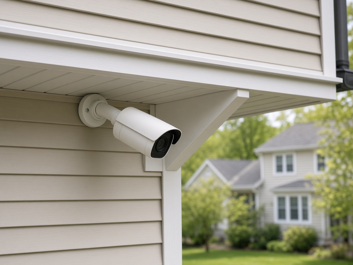 A security camera under an eave