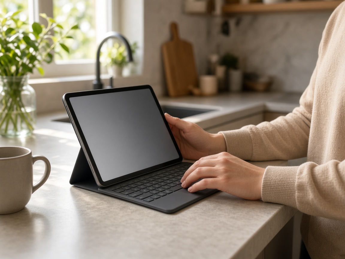 A tablet on a kitchen counter